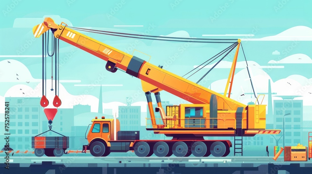 A flat vector illustration showing a side view of a construction crane engaged in heavy special transport A flat vector illustration showing a side view of a construction crane engaged in heavy special transport
