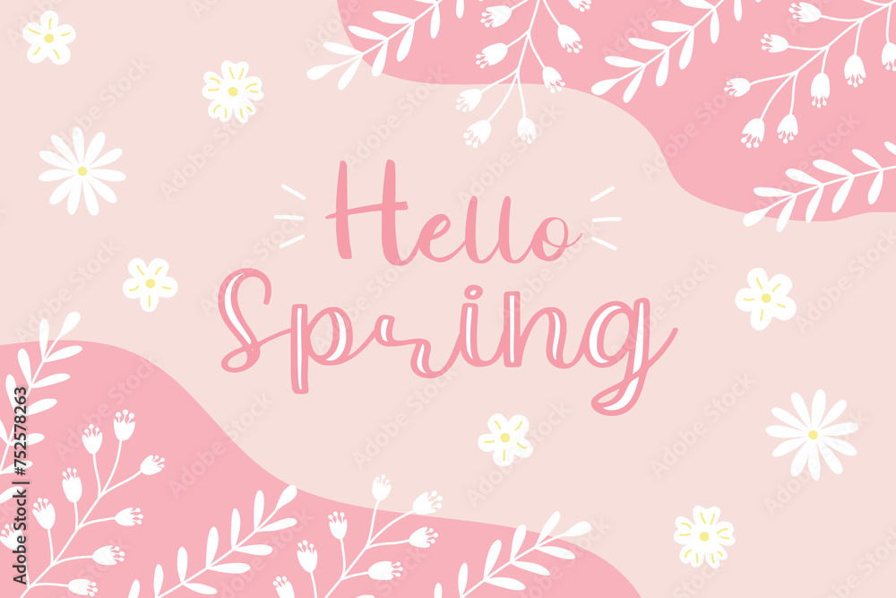 Hello Spring background or greeting card with branches, flowers and leaves, pink and white colors, vector Hello Spring background or greeting card with branches, flowers and leaves, pink and white colors, vector
