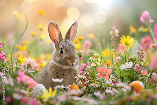 Cute Easter bunny with flowers and eggs, seasonal greeting card