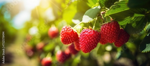 In this close-up shot  a bunch of ripe strawberries can be seen hanging from a tree in a lush green farm setting. The strawberries are vibrant red and ready for picking.