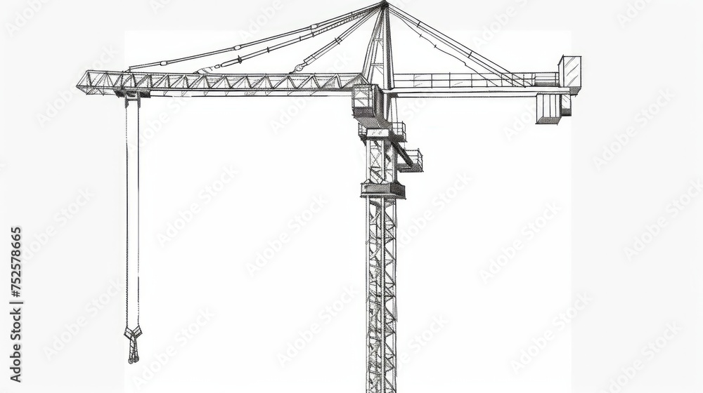A tower construction crane illustrated in vector line art style against a white background A tower construction crane illustrated in vector line art style against a white background