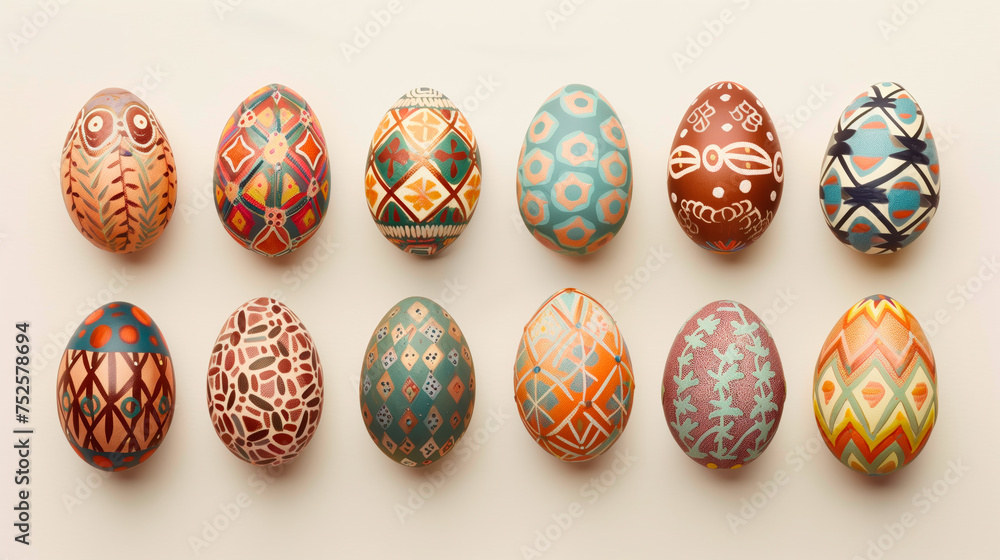 A row of colorful pastel Easter eggs, each uniquely painted with different texture on a white background A row of colorful pastel Easter eggs, each uniquely painted with different texture on a white background