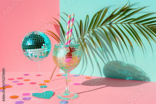 colorful coctail glass with sparkling disco ball, sequins and tropical palm tree leaf shaodw (2)