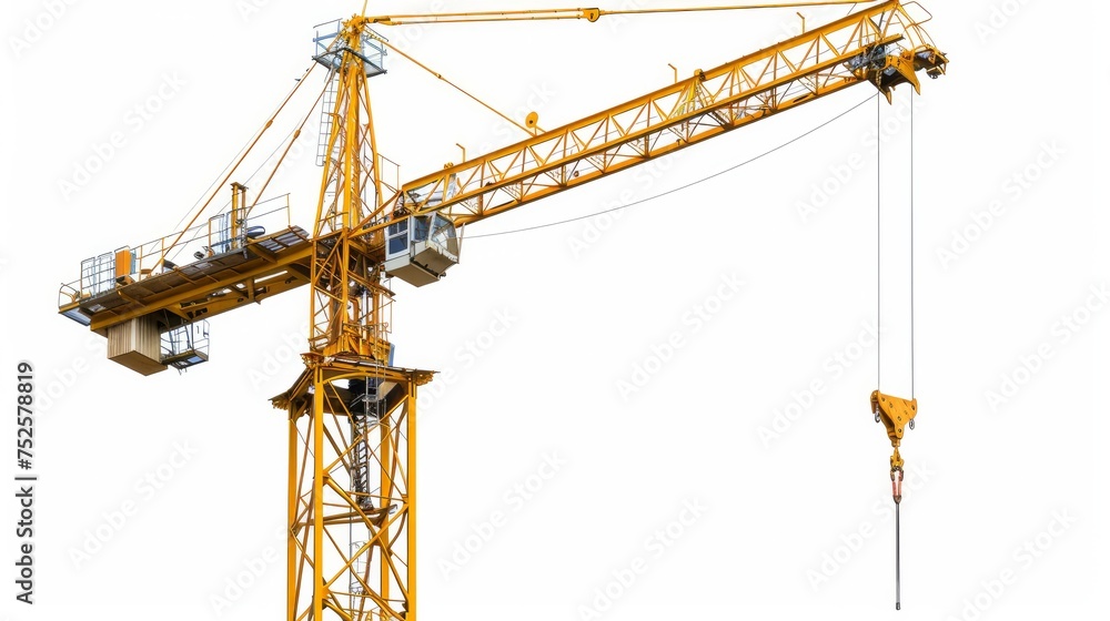 A yellow hoisting crane isolated against a white background A yellow hoisting crane isolated against a white background