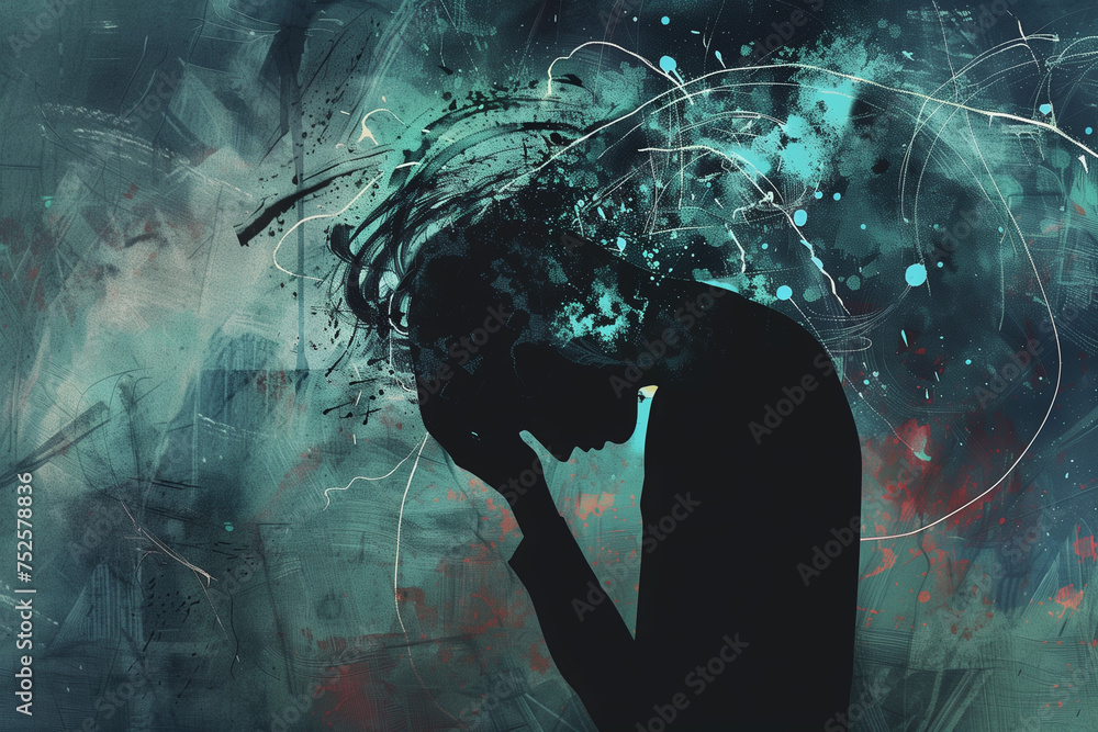 Mental health concept digital illustration. Depression, regret, anxiety and stress Mental health concept digital illustration. Depression, regret, anxiety and stress