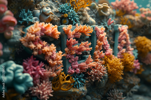 A collection of vibrant coral pieces spelling out "SEA" in an underwater setting. Concept of marine life and oceanic wonders. Generative Ai. © Sebastian