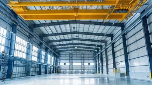 Industrial building interiors with overhead cranes. Bridge cranes operating inside a hangar