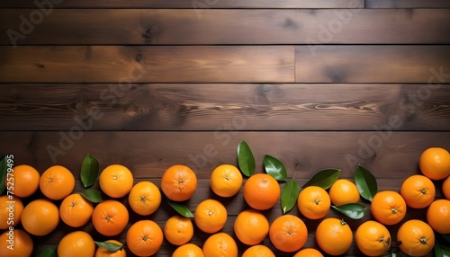 Oranges and tangerines, some sliced, on wooden background view from abovefree space in the middle