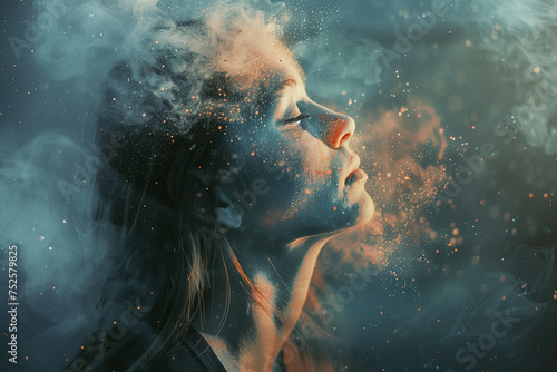 Surreal portrait of a woman disintegrating into particles  symbolizing mental health  emotions  human psyche  or the concept of being lost in thoughts