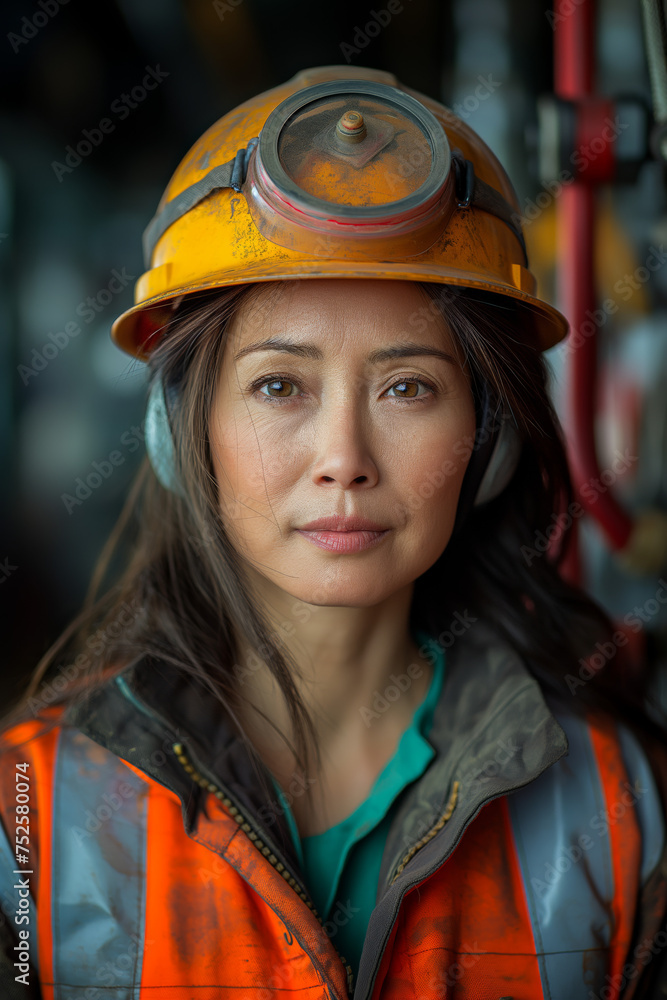 portrait of woman in safety wear working inside factory/power plant portrait of woman in safety wear working inside factory/power plant