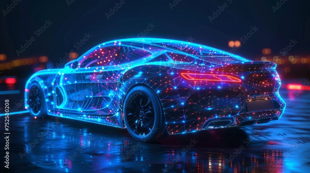 A concept sports car in a futuristic style in neon light