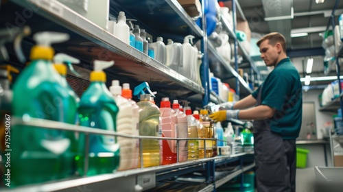 Focused employee organizing various chemical bottles in the storage section of a dry cleaning facility.