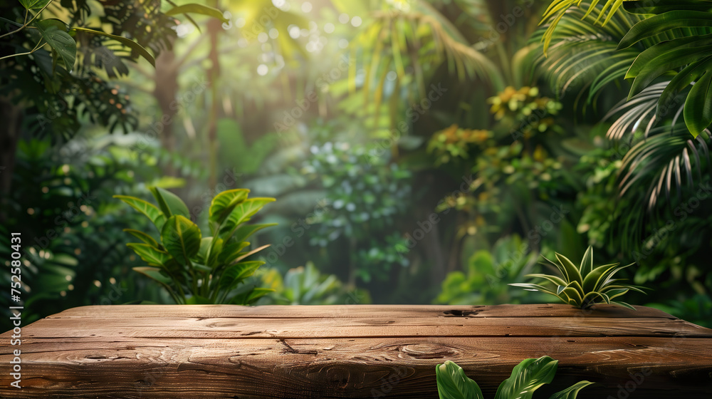 Wooden table podium against a background of tropical nature Wooden table podium against a background of tropical nature