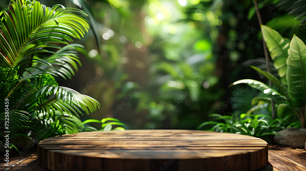 Wooden table podium against a background of tropical nature Wooden table podium against a background of tropical nature
