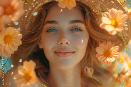 A woman with a radiant smile  surrounded by blooming flowers in a well-tended garden. Concept of personal contentment. Generative Ai.