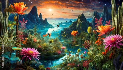 Generated image of an otherworldly landscape featuring fantastical flora and fauna, inspired by surrealism 