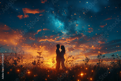 A couple dancing under the starry sky during a lively outdoor music festival. Concept of romantic bliss. Generative Ai. © Sebastian