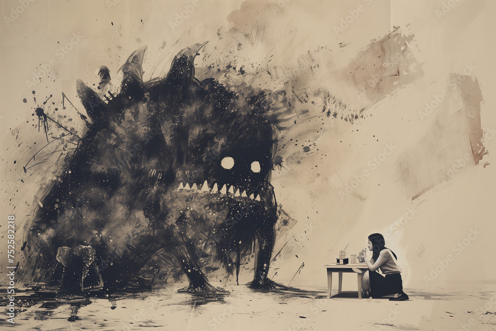 Collage image of big painted monster eating mini black white effect unsatisfied depressed girl isolated on beige background - obrazy, fototapety, plakaty 