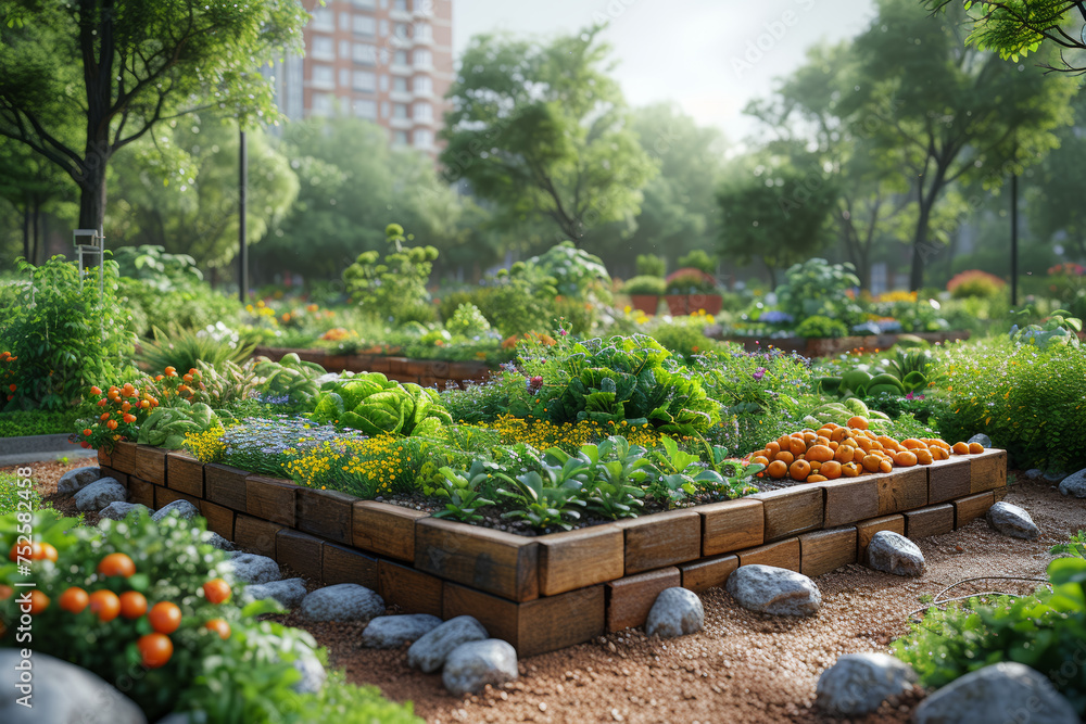 A community garden fostering urban sustainability, promoting local food production and green spaces. Generative Ai.