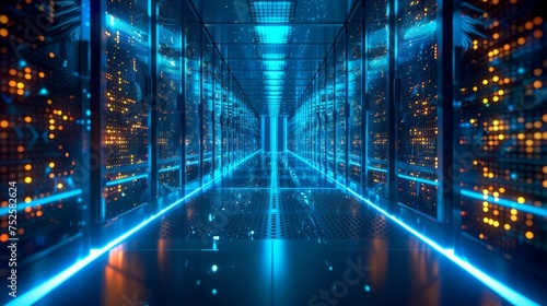 Wallpaper Mural The interior of a large modern server room in a futuristic neon light. Cloud data storage or data center Torontodigital.ca