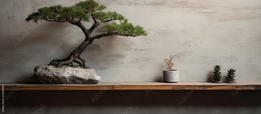 A small, young pine bonsai tree is displayed on top of a wooden shelf, contrasting with the surrounding cement material. The bonsai tree is carefully positioned in the center of the shelf, creating a