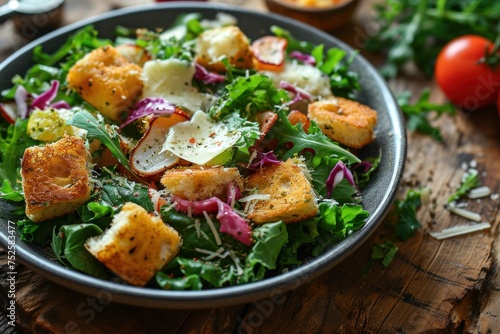 Healthy salad with arugula, tomatoes and croutons. Caesar salad with copy space.