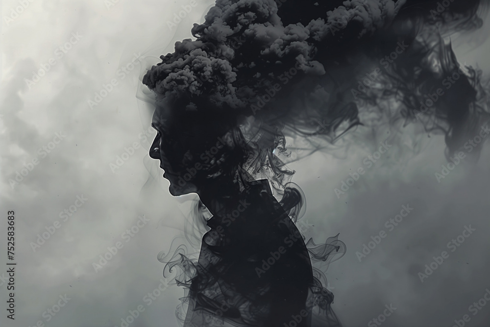 Fototapeta premium Illustration of man vanishing in a dark black smoke, surreal emotional concept