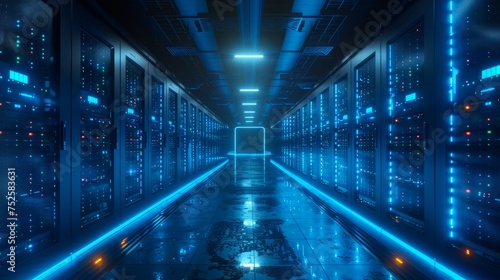 The interior of a large modern server room in a futuristic neon light. Cloud data storage or data center