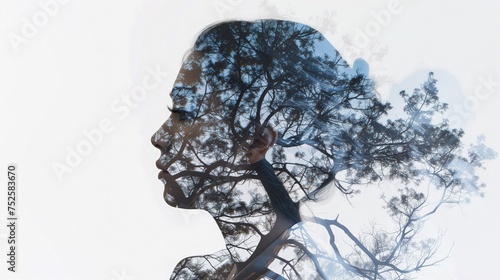Kobieta stojąca z tłem drzew widoczna w podwójnej ekspozycji, tworząc artystyczne połączenie natury i człowieka.