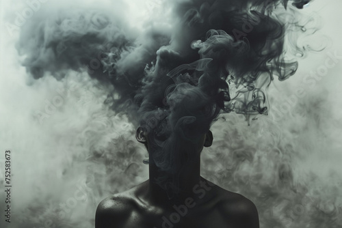 Illustration of man vanishing in a dark black smoke, surreal emotional concept