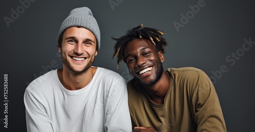 A high-quality image of two diverse young men, one in a stylish beanie, smiling and making eye contact with the camera against a solid background. Suitable for creative projects.