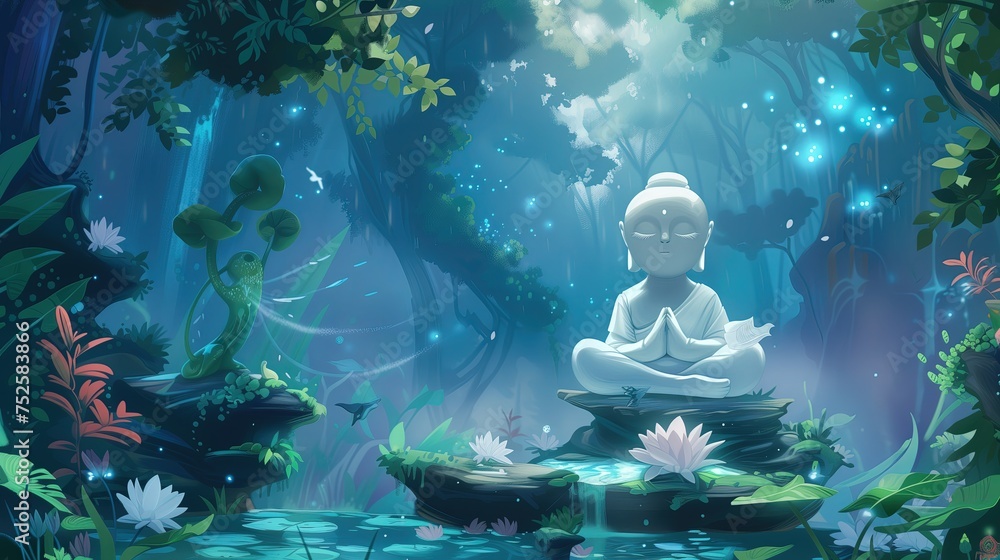 Posąg Buddy siedzi w centrum lasu wypełnionym magiczną energią, emanując spokojem i skupieniem. - obrazy, fototapety, plakaty 