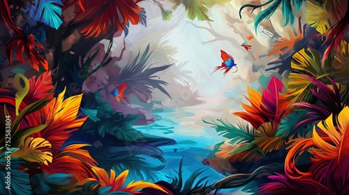 Na obrazie przedstawiony jest gęsty tropikalny las pełen abstrakcyjnych tęczowych kwiatów, które rozmieszczone są prawie wszędzie, tworząc malowniczy krajobraz.
