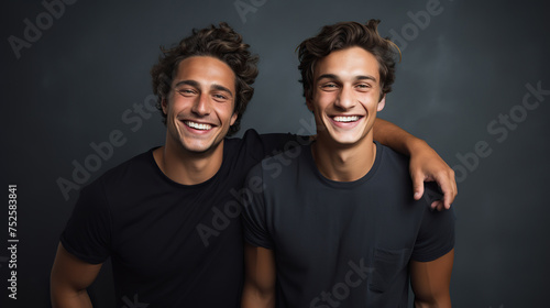 Two young men, one wearing a red shirt and the other in a blue shirt, are laughing together in front of a dark background. They appear to be happy and enjoying each others company.