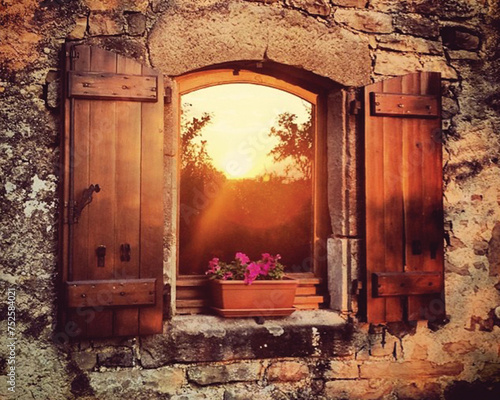 Closeup of a window in an historic stone, renovated holiday home in Southern France. The reflection of the sunset can be seen in the window and a long flower pot is sitting on it's sill. Afternoon. photo