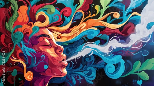 Obraz przedstawia twarz kobiety z różnobarwnymi włosami w stylu graffiti, która wypuszcza z buzi biały dym, emanującą spokojem i urodą.
