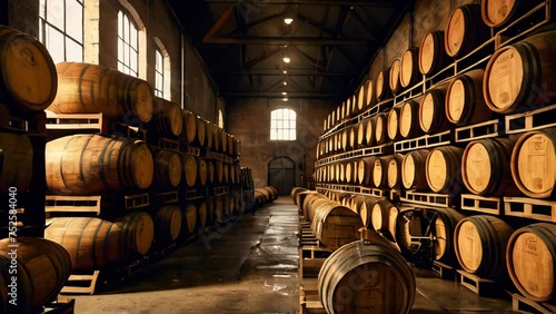 Whiskey, bourbon, scotch barrels in an aging facility