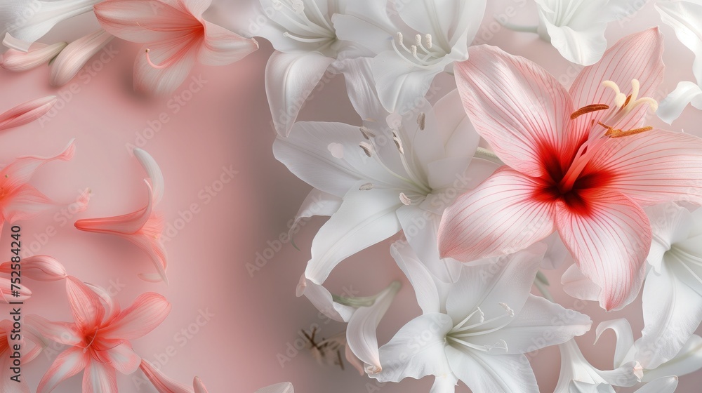 Kwiaty w kolorze różowym i białym na jasnoróżowym tle. Obraz przedstawia kwiaty w różnych odcieniach różu i bieli rozmieszczone na tle w kolorze różu. - obrazy, fototapety, plakaty 