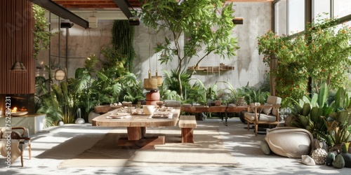 Diseño de casa lujoso y moderno con plantas y vegetación, comedor con plantas y cristaleras photo