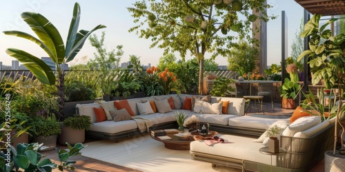 Casa moderna con plantas tropicales, terraza exterior con zona chill out y plantas photo