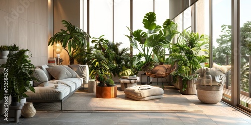 Salón con plantas tropicales estilo chic boho, comedor moderno con planta monstera y luz natural photo