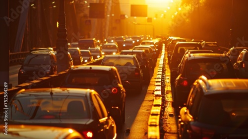 Sunlit view of a congested bridge during early morning rush hour, showcasing rows of cars in a traffic jam.