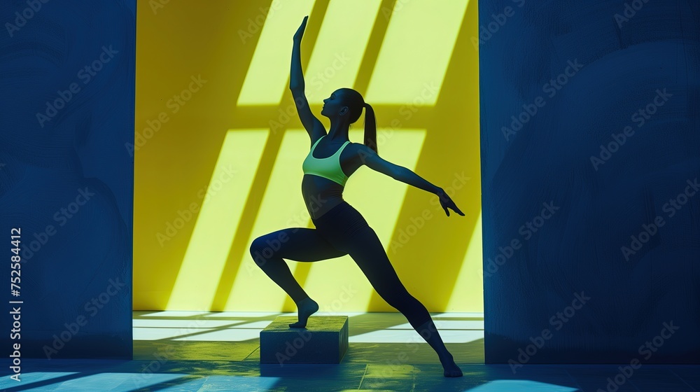 Kobieta rozciąga się na stojąco w pozycji jogi, stojąca na podeście jedną nogą w pomieszczeniu z żółto-niebieskim tłem i padającą sylwetką ramy okna. - obrazy, fototapety, plakaty 