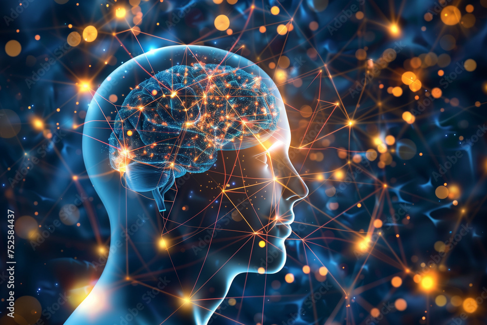 Human head with glowing neurons and Nervous system in the human brain ...