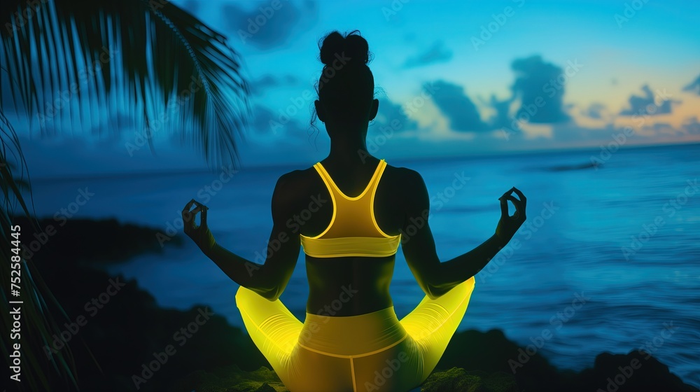 Kobieta w żółtym neonowym topie sportowym wykonująca jogę na naturalnym tle spokoju oceanu - obrazy, fototapety, plakaty 