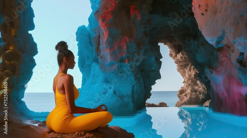 Kobieta ubrana w żółty bodysuit siedzi na skale obok ciała wody. Wygląda na skupioną i zanurzoną w praktyce mindfulness.
