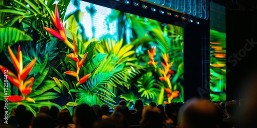 Multitud de gente sentada enfrente de una gran pantalla en un evento de tecnología y naturaleza,, conferencia de negocios con audiencia sentada delante de una gran pantalla