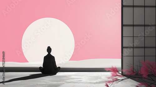 Osoba siedzi na ziemi w otwartym pomieszczeniu w azjatyckim stylu. Wygląda na skupioną i kontemplującą. Jasne światło wpada przez okno, oświetlając pomieszczenie przez białe okrągłe słońce