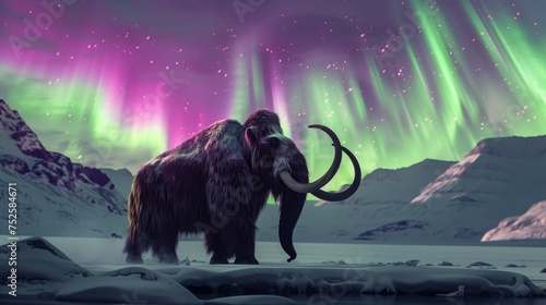 mammoth walking on the snow in winter with purple and green northern lights in the sky on background. 