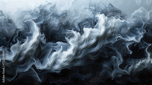 Na obrazie widać czarno-białe malowidło, z którego wydobywa się dym, tworząc dynamiczny i zaskakujący efekt.